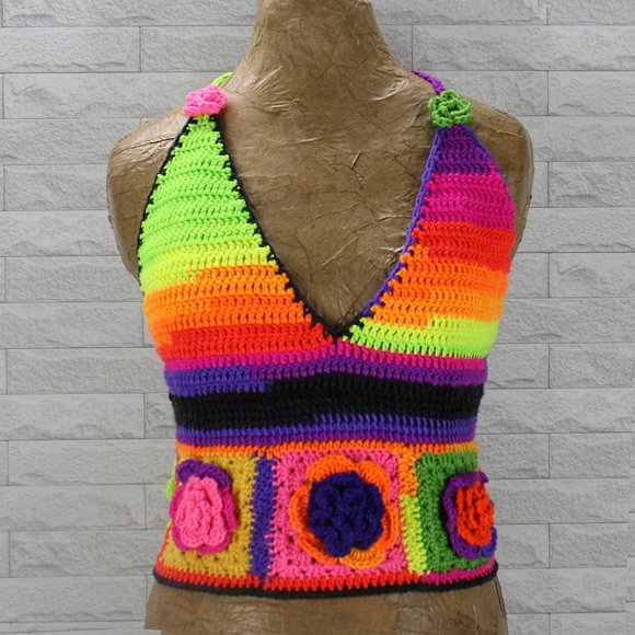 Hand Crafted Tops - HAND CRAFTED Cropped Top Crochet Halter Granny Square Floral Festival Fashion